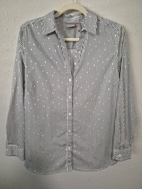Chico's Button-up Stripe Shirt Black White Gold Size 2 Tailored Geometric